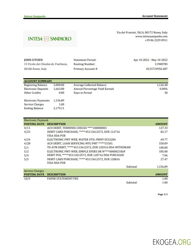 Relevé bancaire Italie Intesa Sanpaolo xls